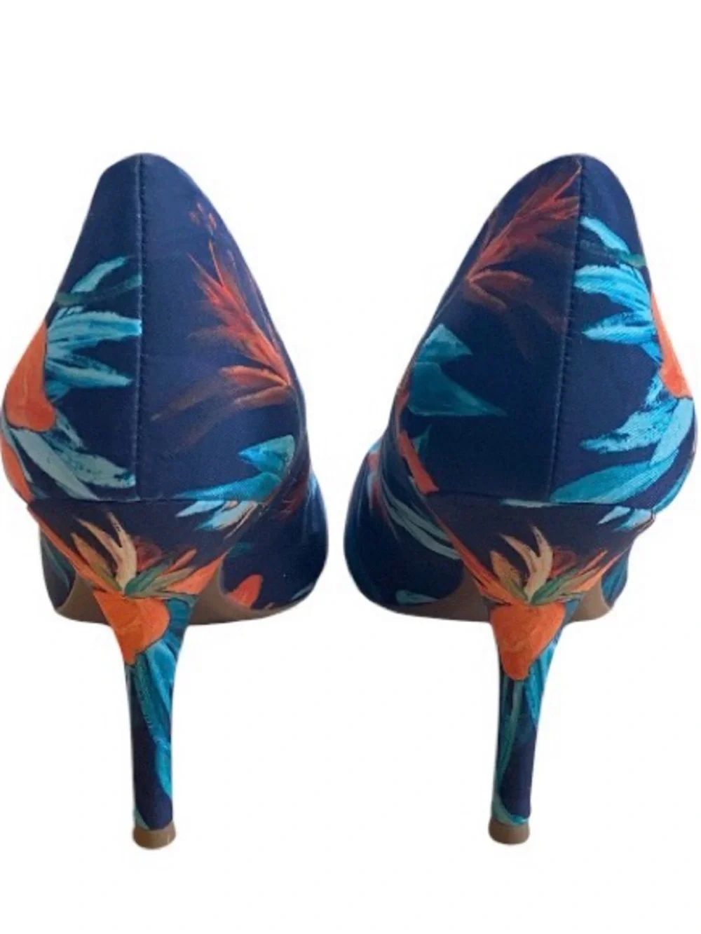 Nine West Tatiana Tropical Floral Blue Orange Fabric Pointed Toe Heels 10M
